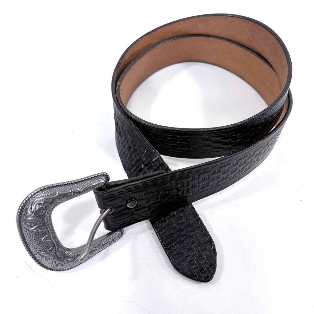 Vogel of Texas Belt Black Basketweave‎ Leather Western Floral Buckle Men Sz 42